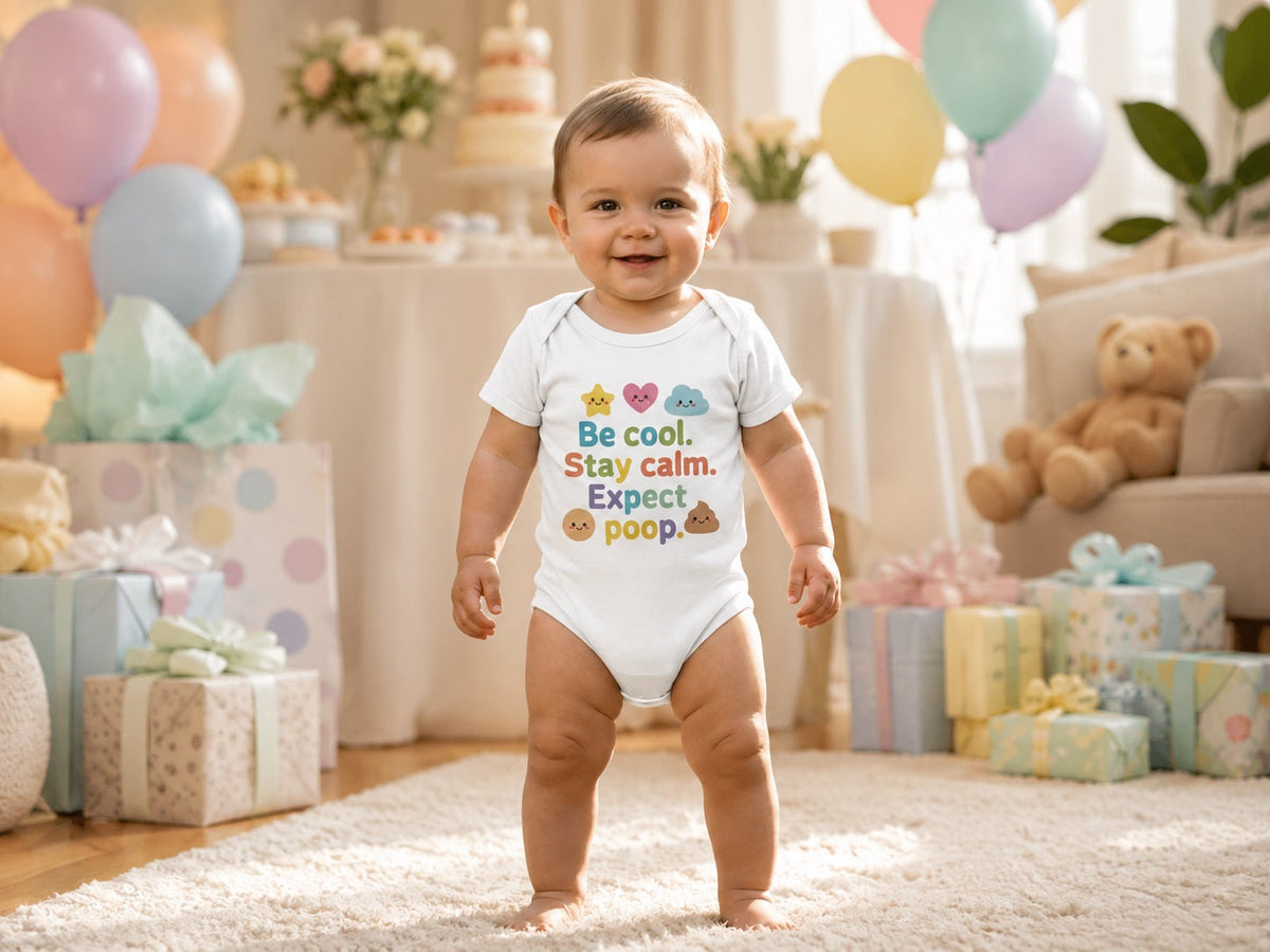 Baby in einem lustigen Strampler von Poop Patrol Babywear auf einer Babyparty