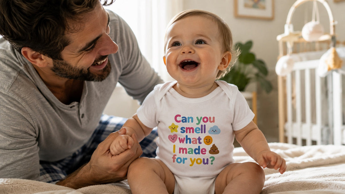 Lachender Vater mit Baby im lustigen Strampler Can You Smell What I Made for You