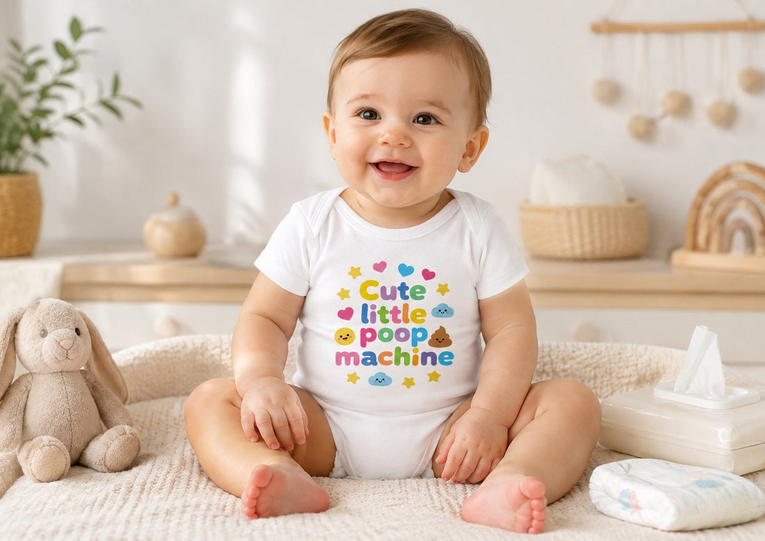 Lächelndes Baby im Strampler Cute Little Poop Machine in einem hellen Kinderzimmer mit Wickelutensilien