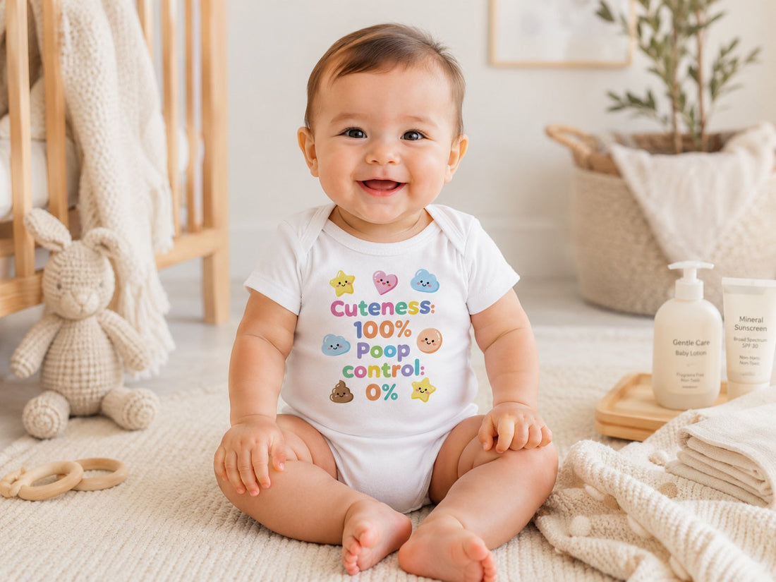 Lächelndes Baby im Bio-Baumwoll-Strampler Cuteness 100% Poop Control 0% in einem hellen Kinderzimmer