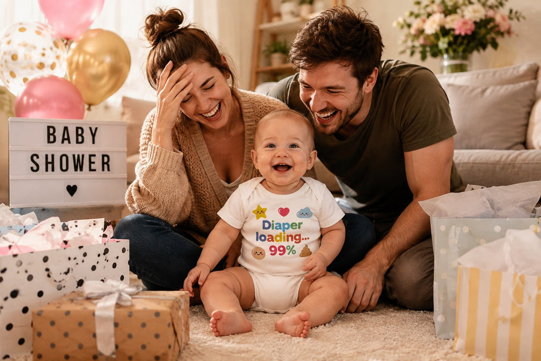 Lächelndes Baby im Strampler Diaper Loading 99% mit lachenden Eltern, Geschenken und Luftballons auf einer Babyparty