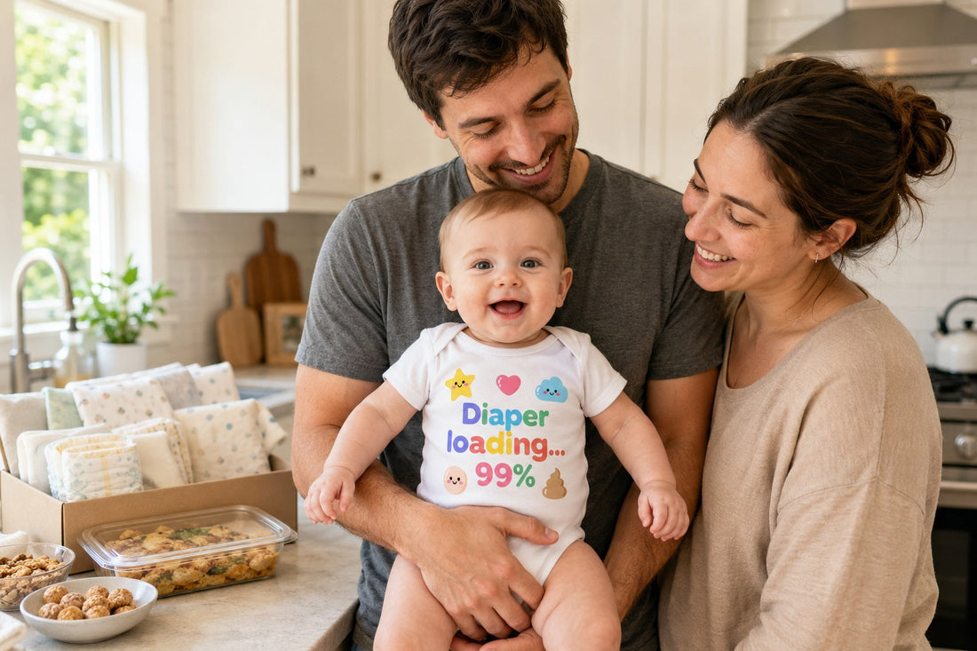 Fröhliches Baby im weißen Bio-Baumwoll-Strampler „Diaper Loading… 99%“ mit Mama und Papa neben einem praktischen Geschenkpaket in einer hellen Küche.