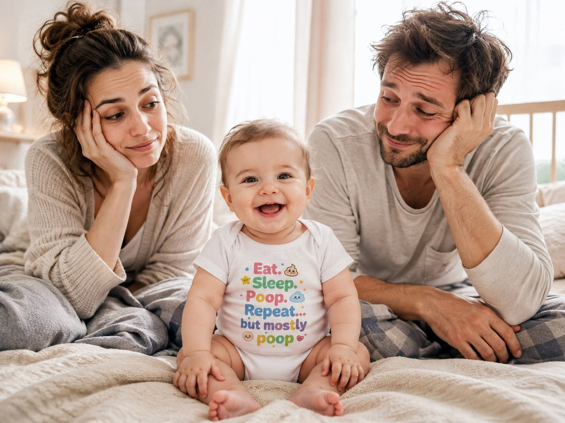 Müde Eltern mit lächelndem Baby im Strampler Eat Sleep Poop Repeat in einem gemütlichen Schlafzimmer