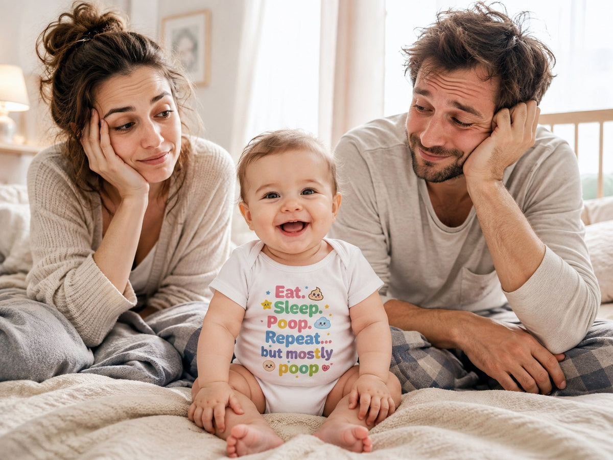 Müde Eltern mit lächelndem Baby im Strampler Eat Sleep Poop Repeat in einem gemütlichen Schlafzimmer