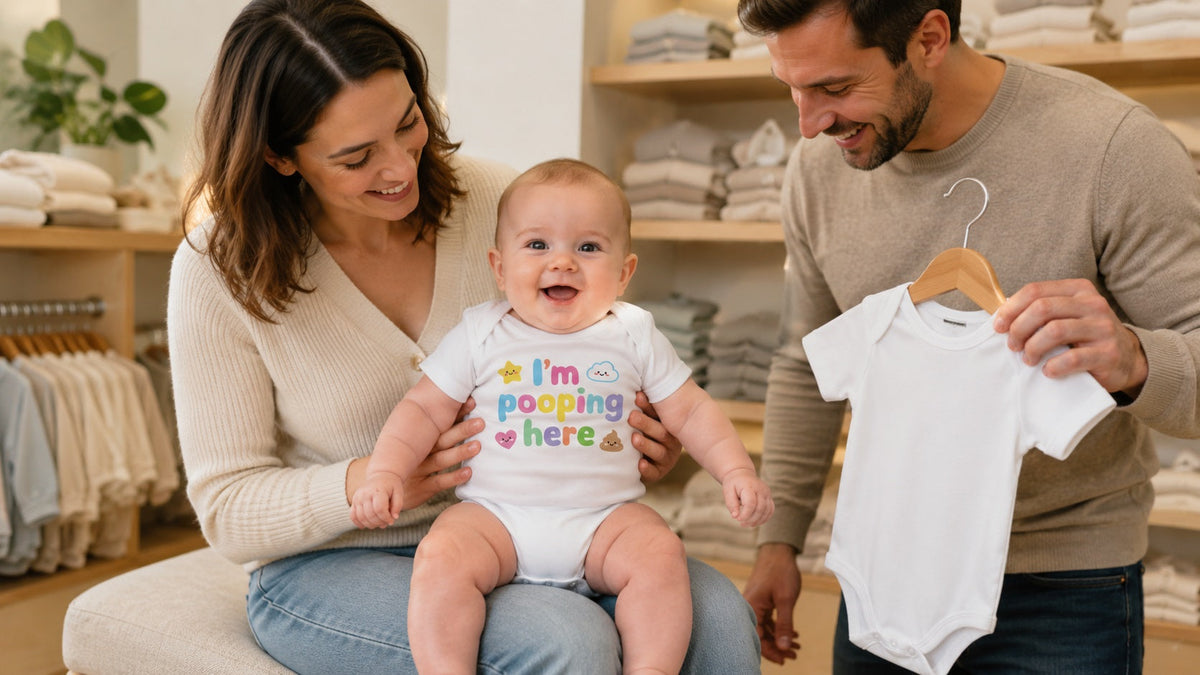 Drei Monate altes Baby im Bio-Baumwoll-Strampler „I’m Pooping Here“ mit Mama und Papa in einem Geschäft für Babykleidung.