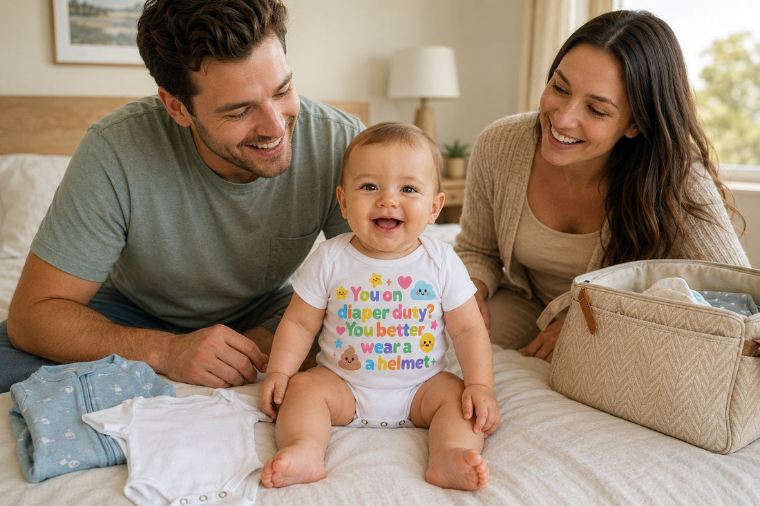 Lächelndes Baby im weißen Bio-Baumwoll-Strampler „You on Diaper Duty? You Better Wear a Helmet“ mit Mama und Papa beim Packen einer Wickeltasche.