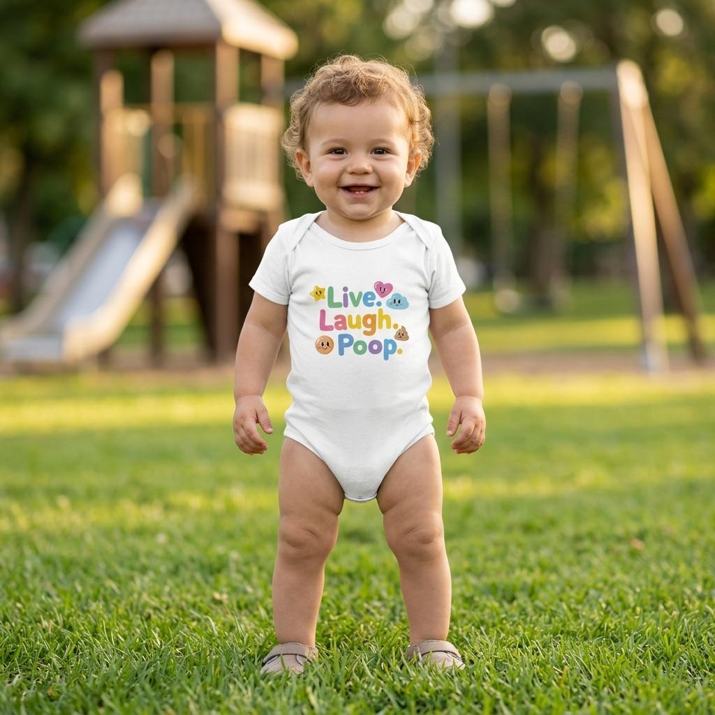Organic cotton baby onesie – Live. Laugh. Poop.