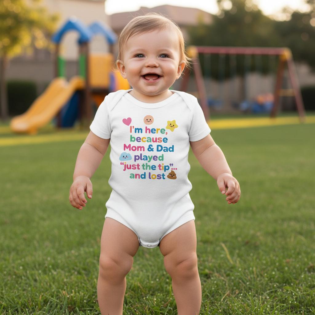 Baby Strampler aus 100 % Bio-Baumwolle – I'm here because Mom & Dad played "just the tip"... and lost