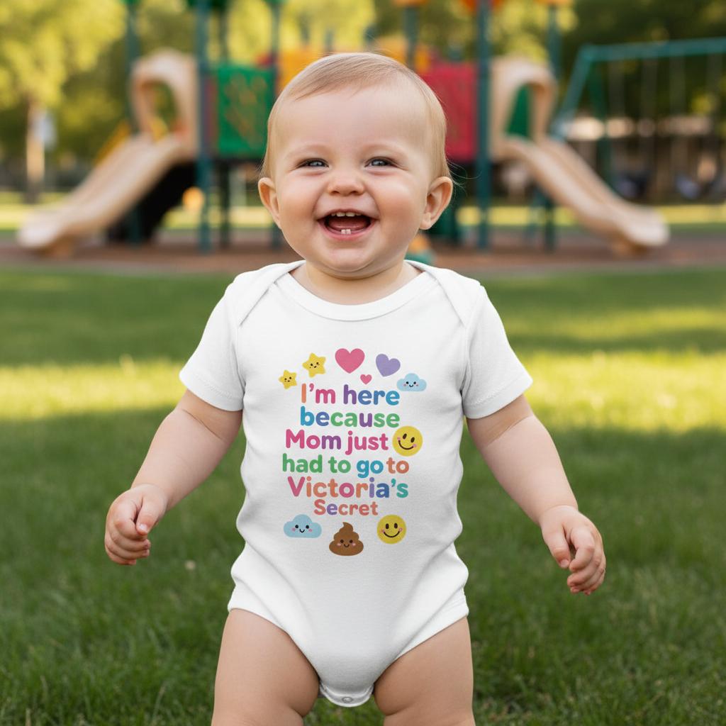 Baby Strampler aus 100 % Bio-Baumwolle – I'm here because Mom just had to go to Victoria's Secret