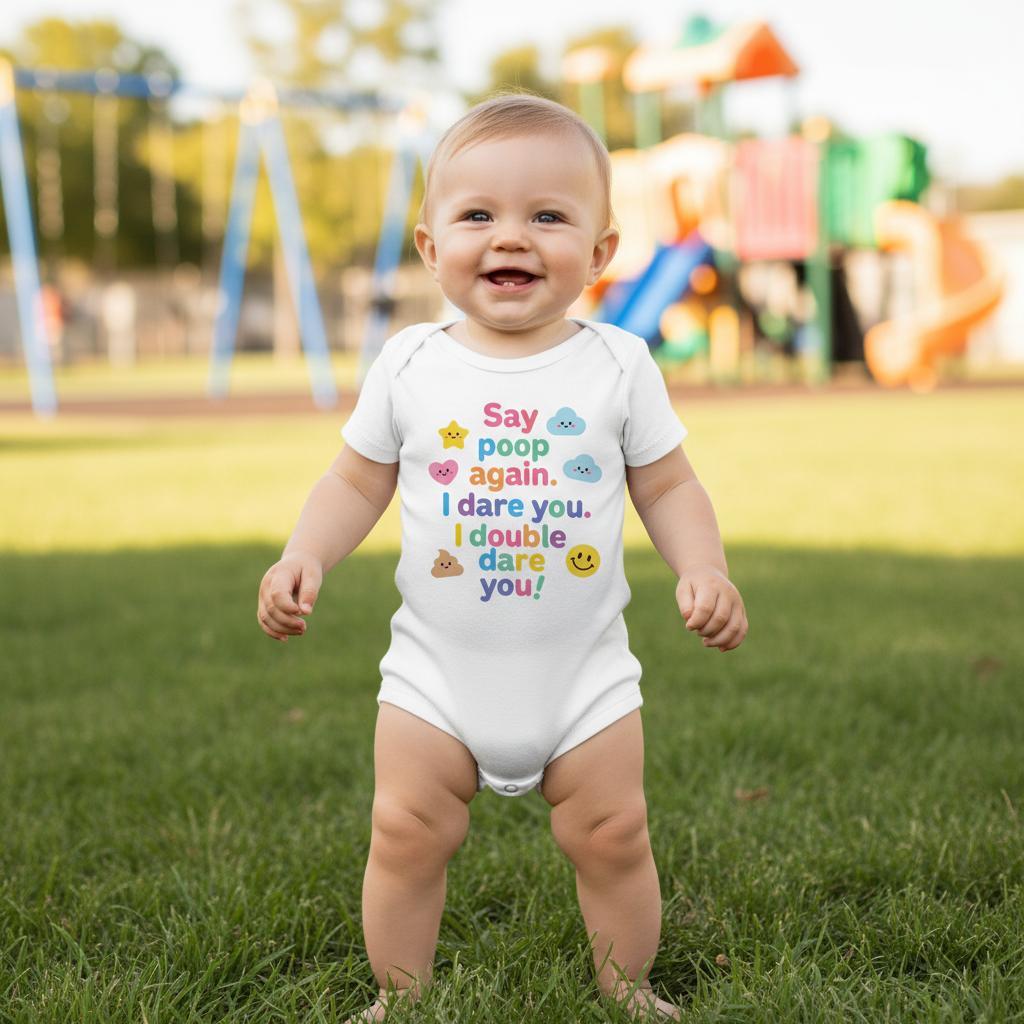 Baby Strampler aus 100 % Bio-Baumwolle – Say poop again. I dare you. I double dare you!