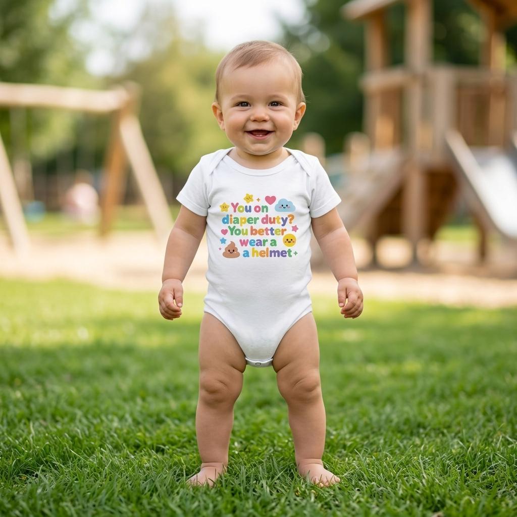 Organic cotton baby onesie – You on diaper duty? You better wear a helmet