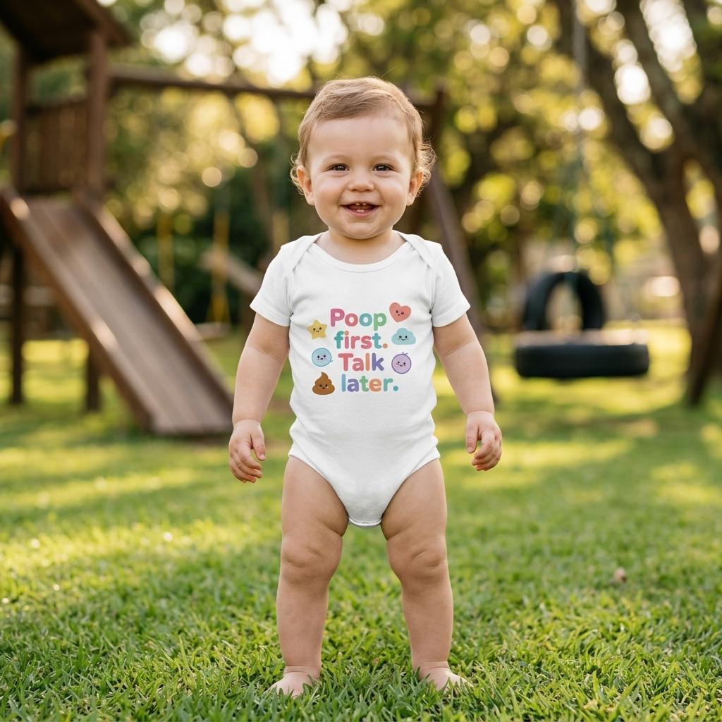 Organic cotton baby onesie – Poop first. Talk later.