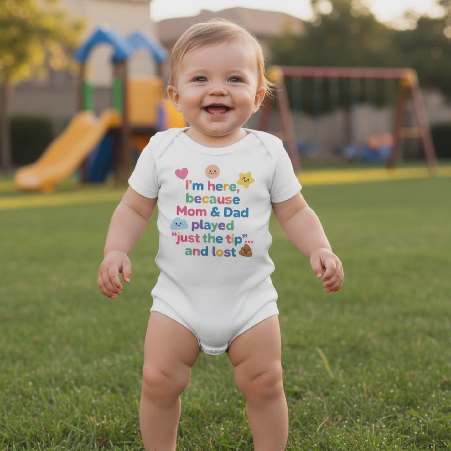 Baby Strampler aus 100 % Bio-Baumwolle – I'm here because Mom & Dad played "just the tip"... and lost