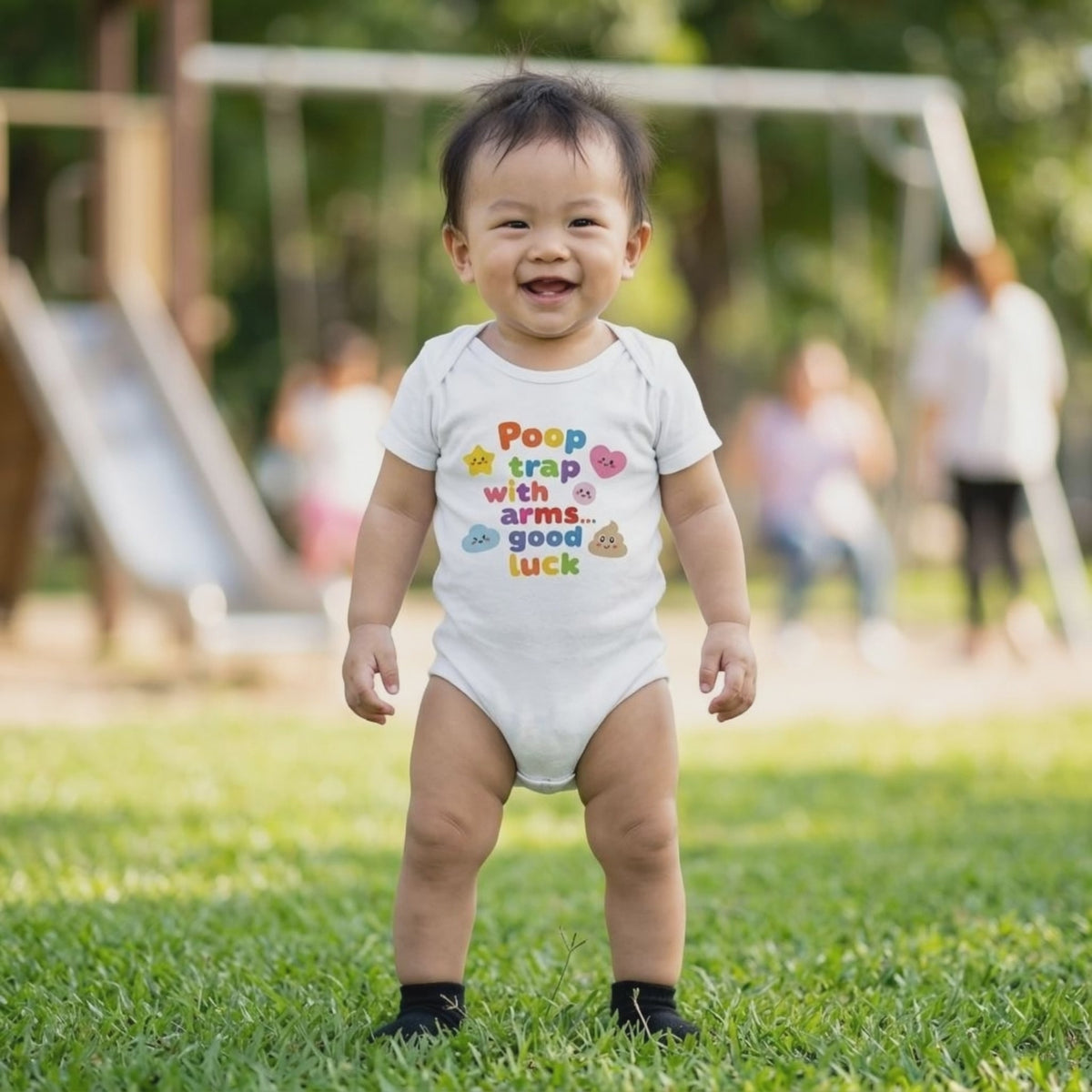 Baby Strampler aus 100 % Bio-Baumwolle – Poop trap with arms... good luck