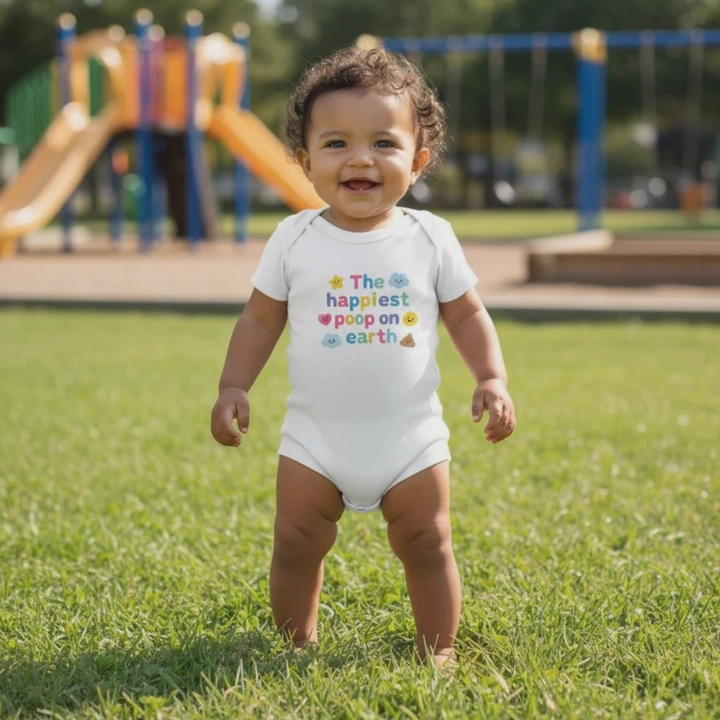 Baby onesie made from 100% organic cotton - The happiest poop on earth