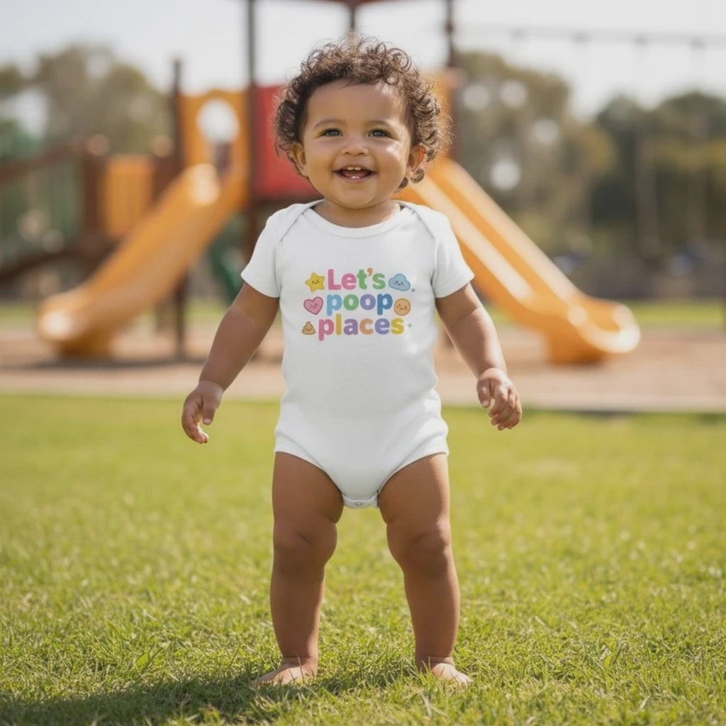 Let's poop places - Baby short-sleeve bodysuit made from organic cotton