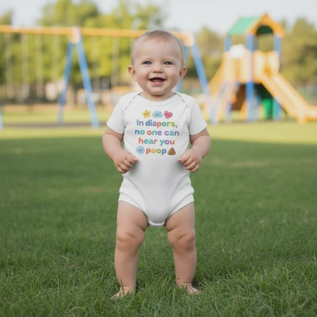 In diapers, no one can hear you poop - Baby short-sleeve bodysuit made from organic cotton