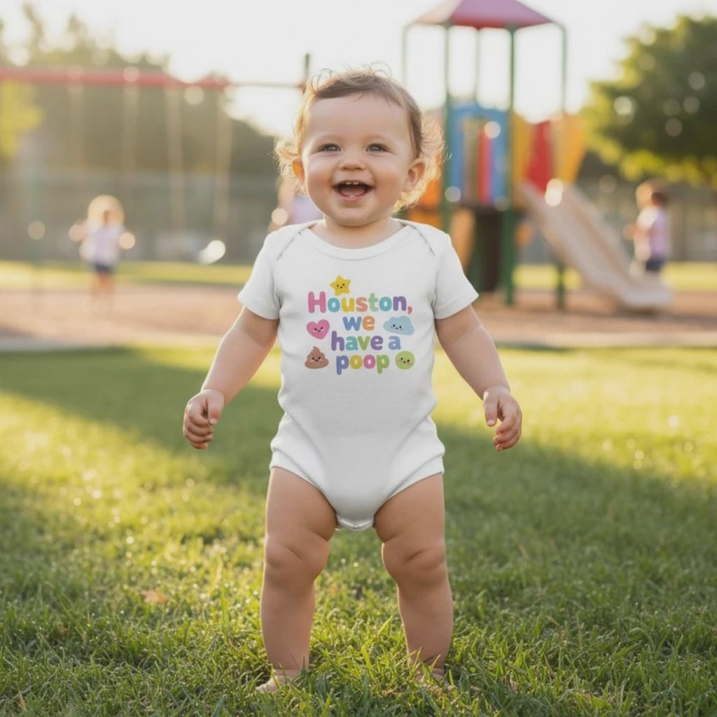 Houston, we have a poop - Baby short-sleeve bodysuit made from organic cotton